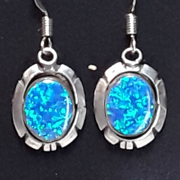 Native American Fiery Blue & Green Lab Opal Sterling Dangle Earrings - Picture 4 of 4